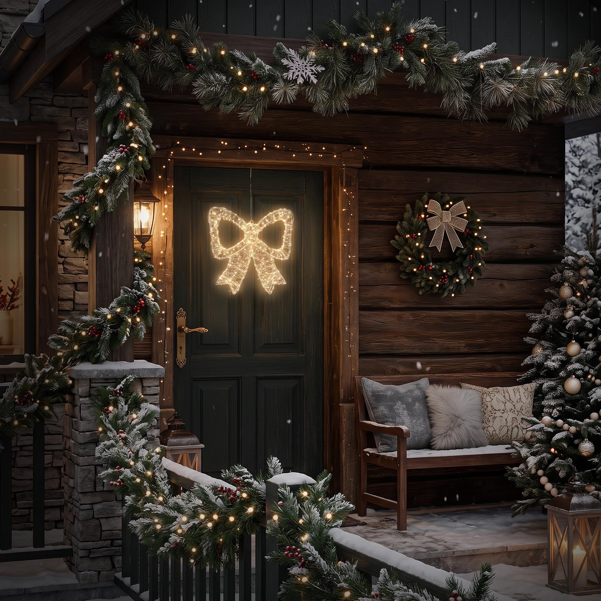 Entrance of a house with an illuminated bow and Christmas decorations.