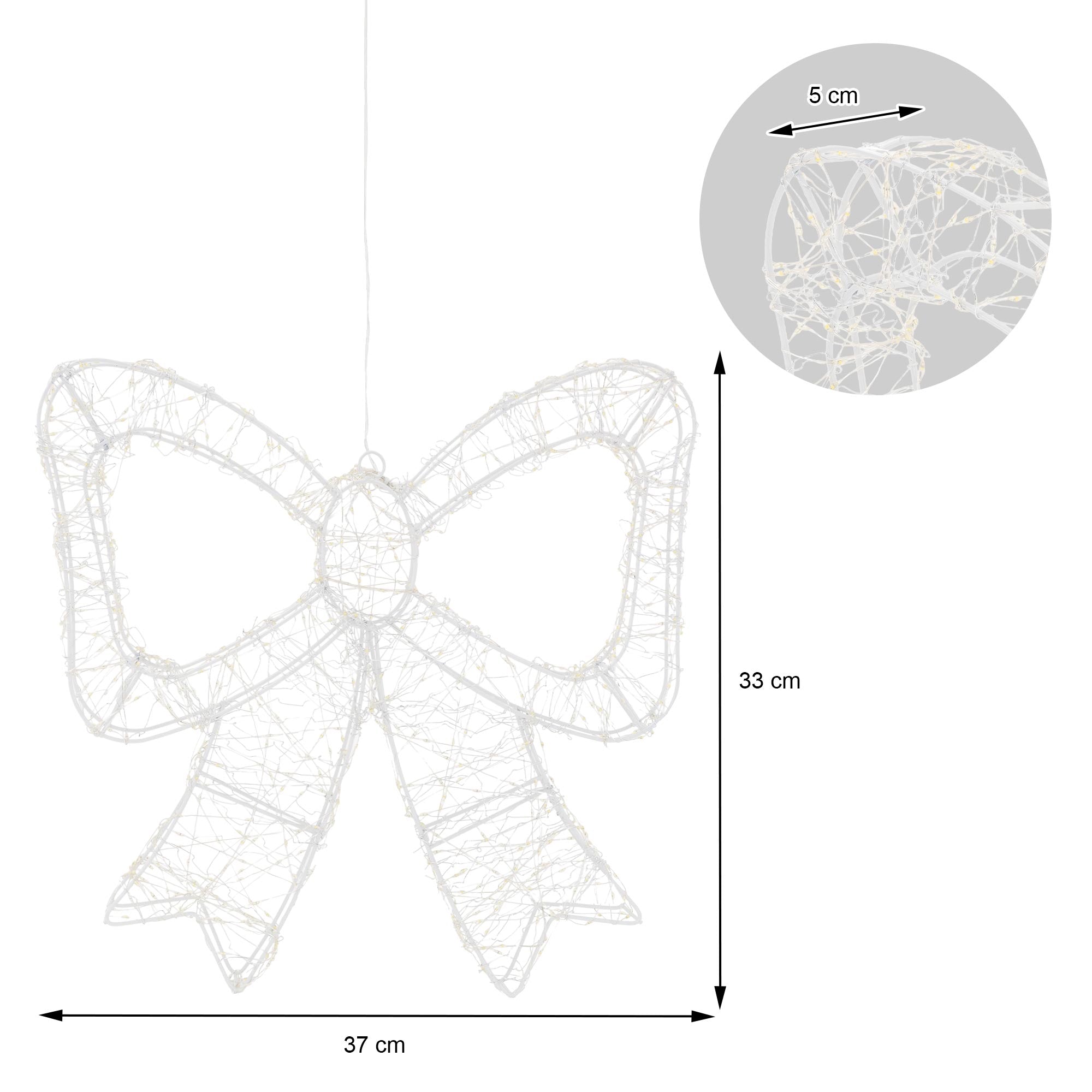 Measurement of a glowing bow with a width of 37 cm and a height of 33 cm.