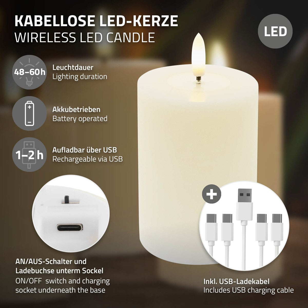 Weiße kabellose LED-Kerze mit USB-Ladekabel; Sockel mit Ein-/Ausschalter und Ladebuchse. Angaben: 48–60 Stunden Leuchtdauer, 1–2 Stunden Ladezeit.