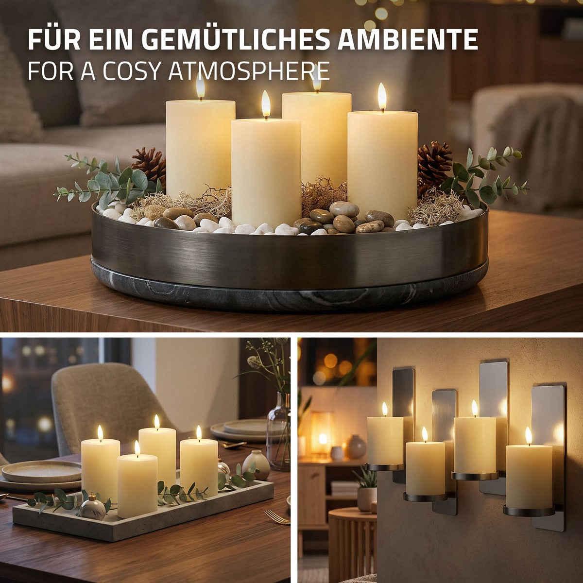 Brennende cremefarbene Kerzen auf einem Tablett mit Steinen und Dekoration; darunter zwei weitere Kerzenarrangements.