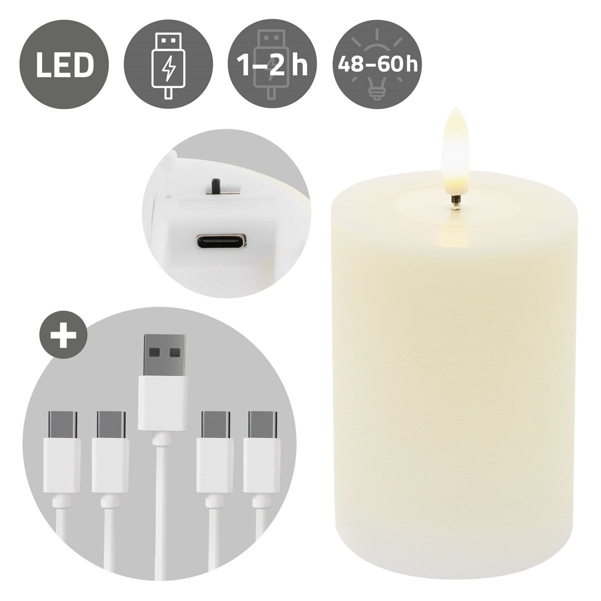 Weiße LED-Kerze mit USB-Ladeanschluss, Ein-/Ausschalter und USB-Kabel; Symbole zeigen LED, 1–2 Stunden Ladezeit und 48–60 Stunden Leuchtdauer.