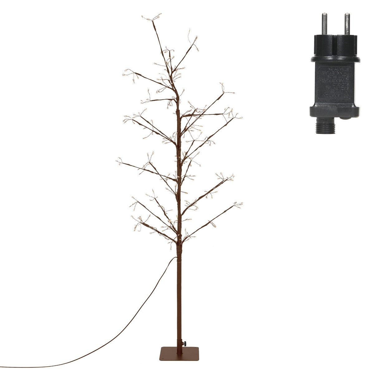 Künstlicher, unbeleuchteter Baum mit kahlen Zweigen, Standfuß und Kabel; daneben ein schwarzer Netzstecker.