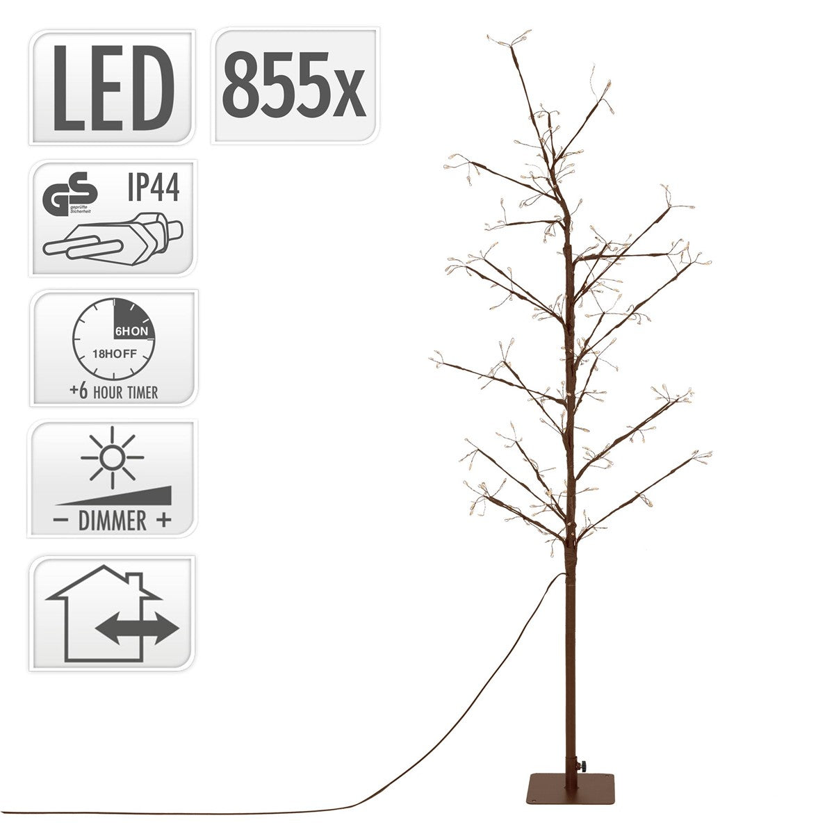 LED-Baum mit 855 LEDs und Kabel; Symbole zeigen IP44, Timer, Dimmer und Innen- und Außenbereich.