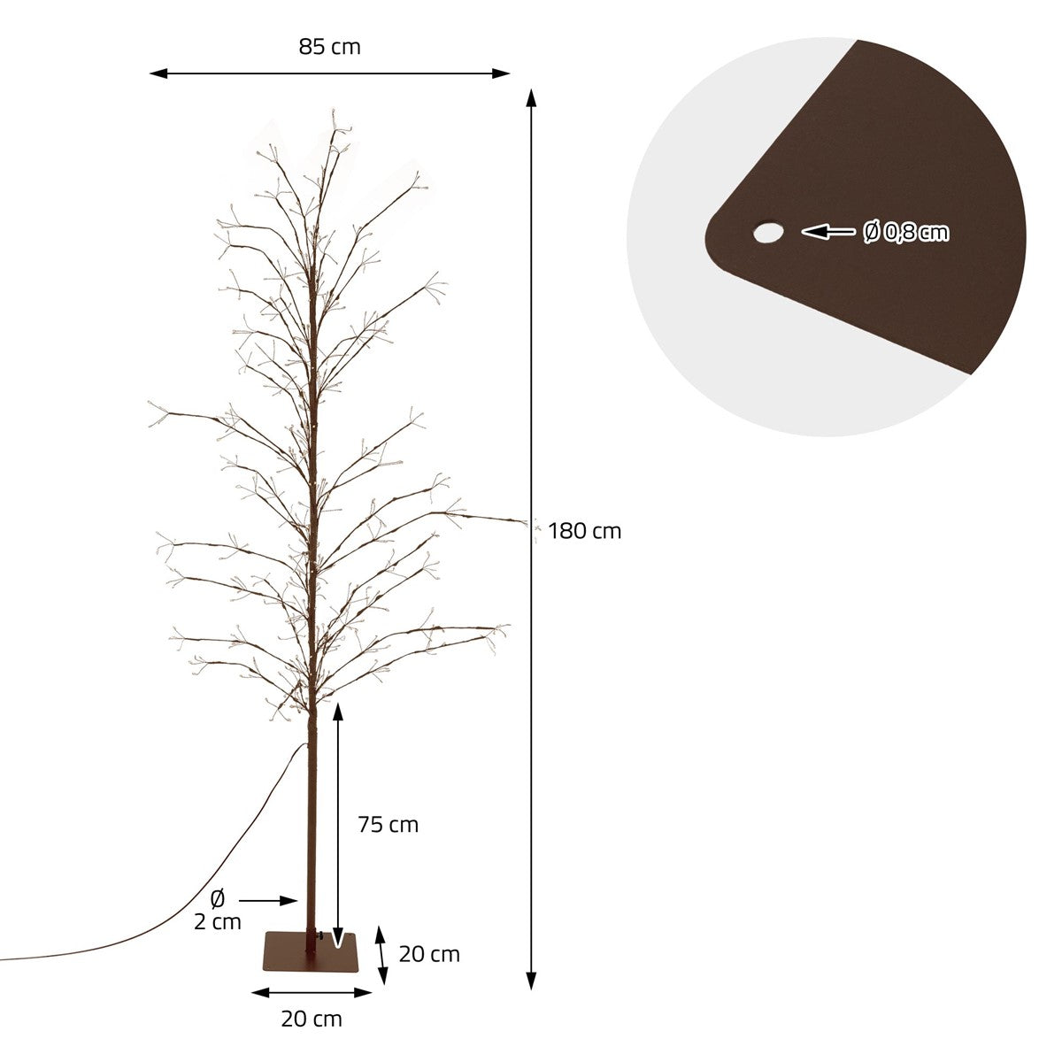 Maßskizze eines 180 cm hohen LED-Baums: Breite 85 cm, Fuß 20 × 20 cm, Stammhöhe bis zum Geäst 75 cm.