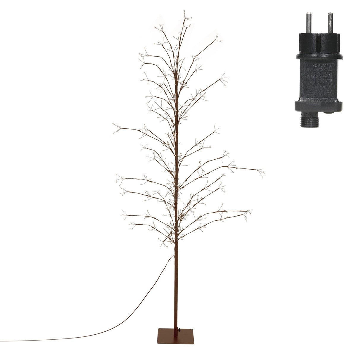 Künstlicher, unbeleuchteter Baum mit vielen Zweigen, Standfuß und Kabel; daneben ein schwarzer Netzstecker.