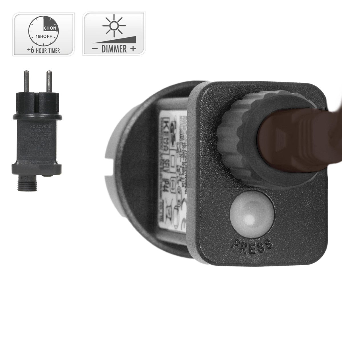 Netzstecker und Nahaufnahme eines Bedienmoduls mit Druckknopf und Drehregler; Symbole zeigen Timer- und Dimmfunktion.
