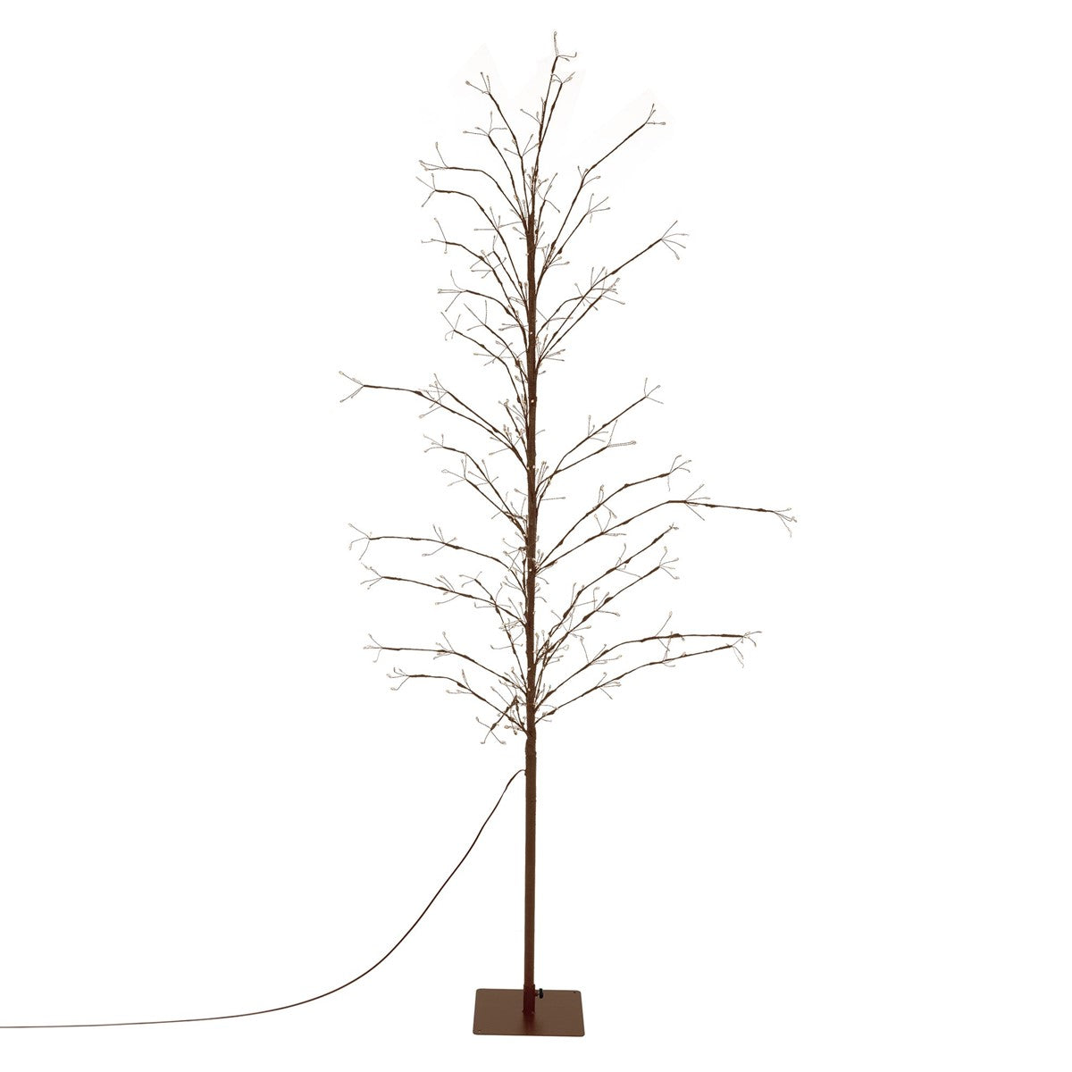 Dünner, kahler Deko-Baum mit dunklem Standfuß und Kabel vor weißem Hintergrund.