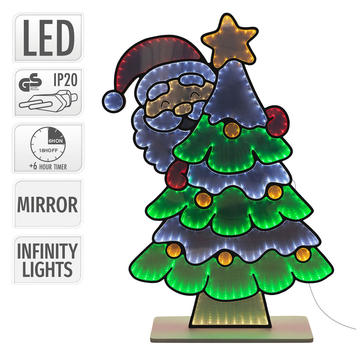 Weihnachtsmannfigur mit Tannenbaum, technische Details sind sichtbar.