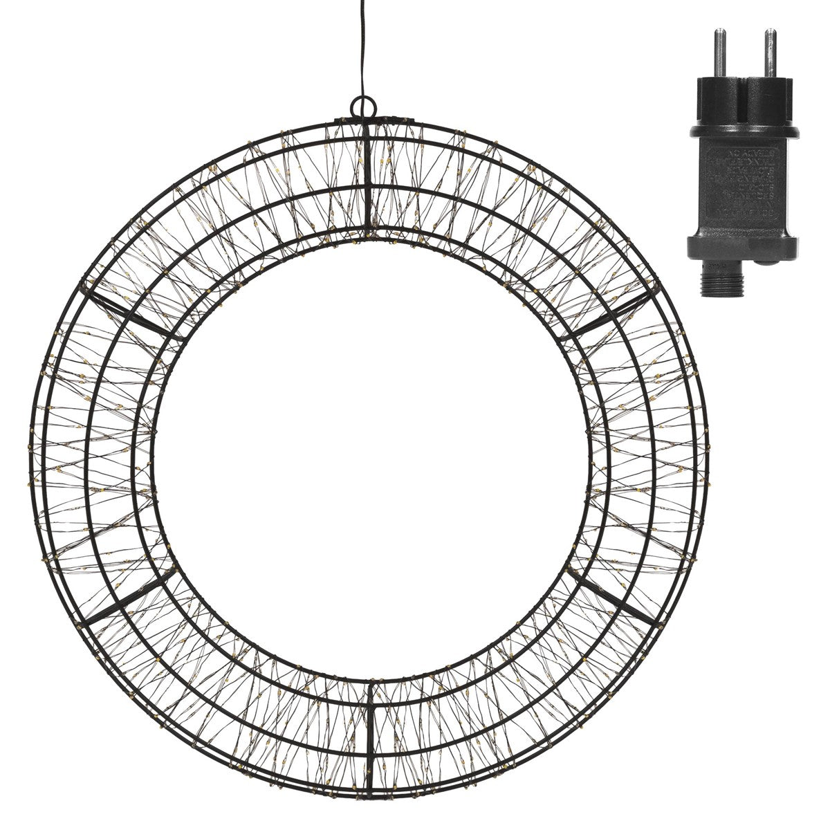 Runder Lichtkranz mit Stecker, vor weißem Hintergrund.