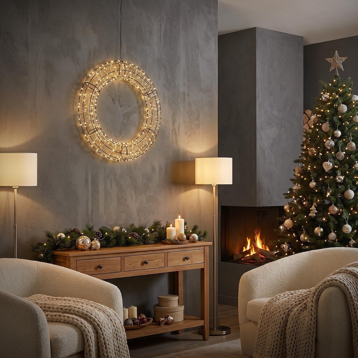 Lichtkranz in einem stilvollen Raum mit Kamin und Weihnachtsbaum.