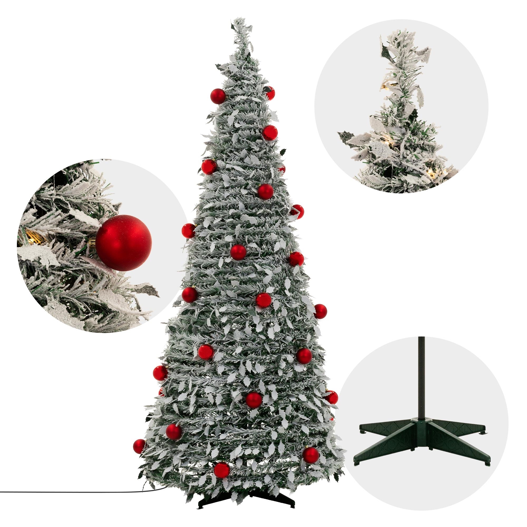 Künstlicher Weihnachtsbaum mit roten Kugeln und Schnee, umgeben von zwei Detailansichten.