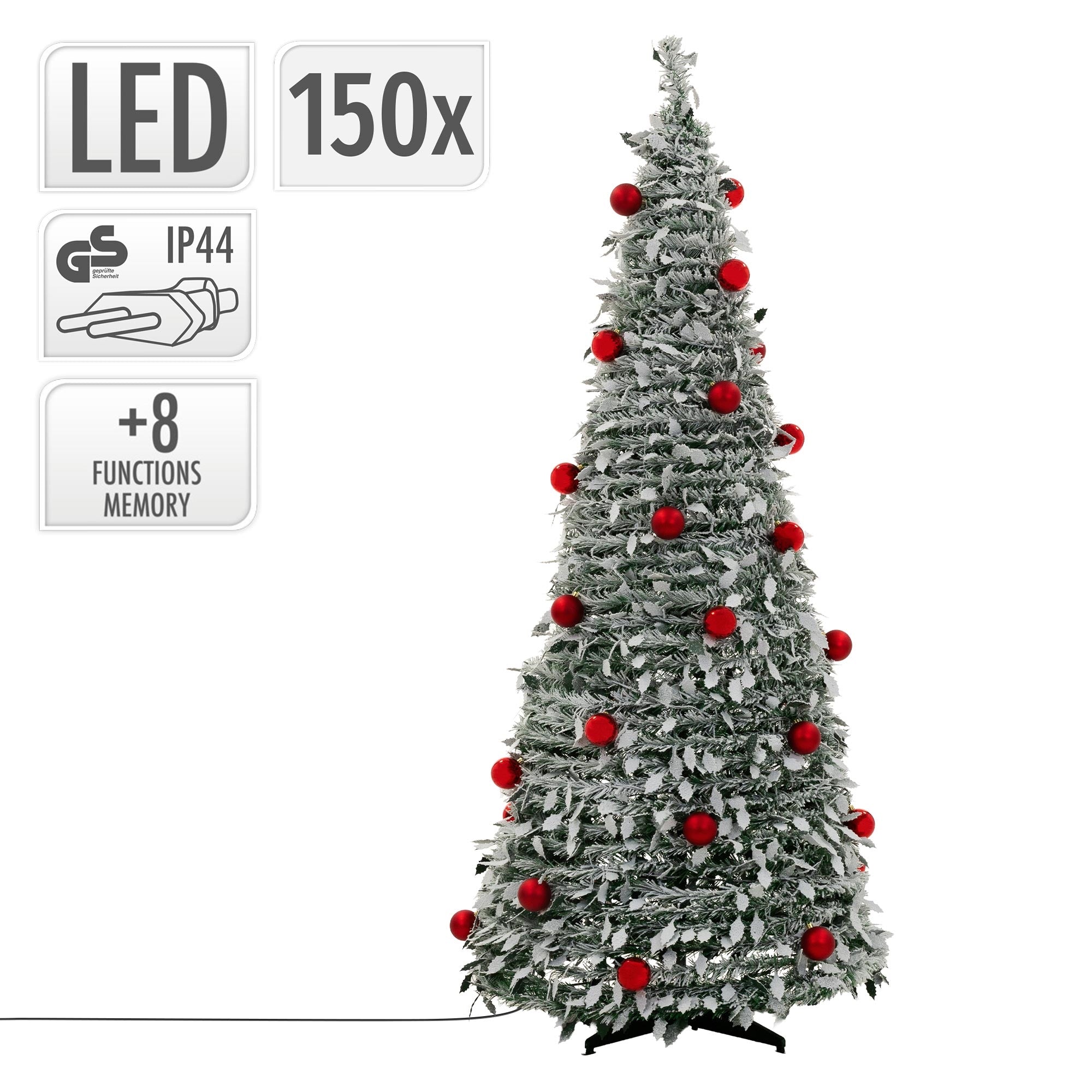 Künstlicher Weihnachtsbaum mit roten Kugeln und LED-Funktionen, Beschreibung in der Ecke.