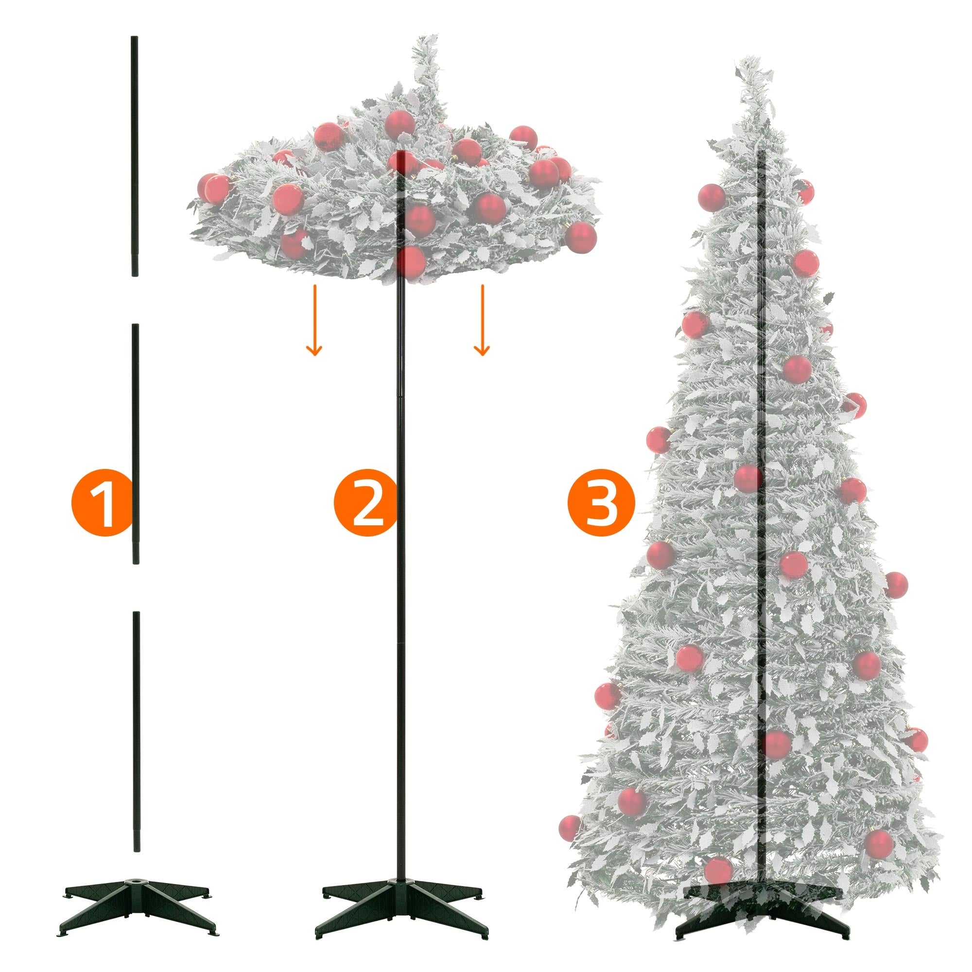Drei Schritte zur Montage eines Weihnachtsbaumständers mit nummerierten Illustrationen.