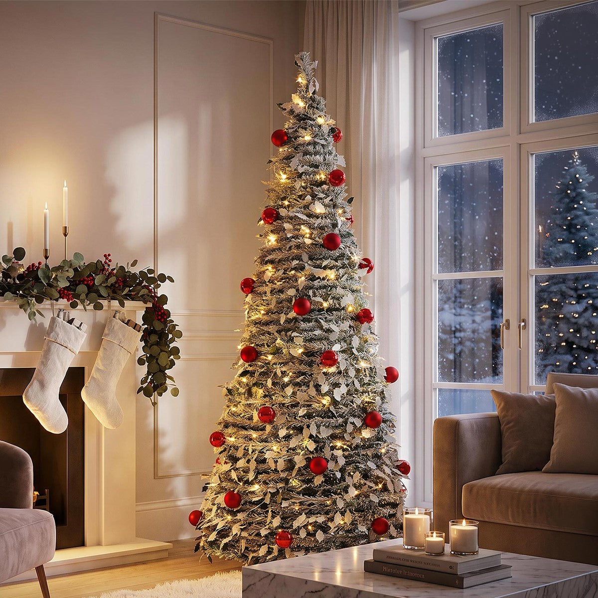 Albero di Natale in soggiorno, decorato con luci e calze natalizie.