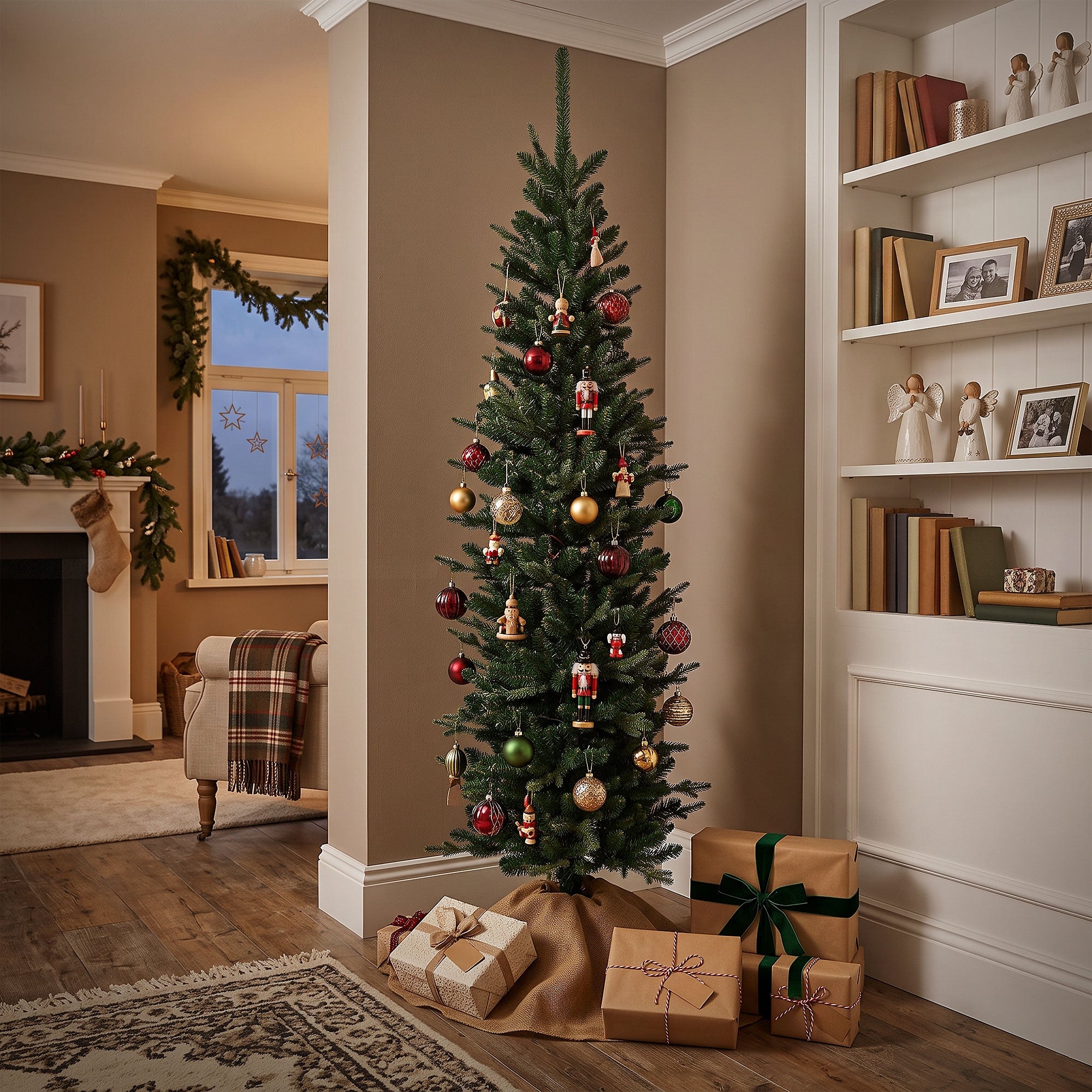 Weihnachtsbaum dekoriert mit Kugeln und Figuren, umgeben von Geschenken.