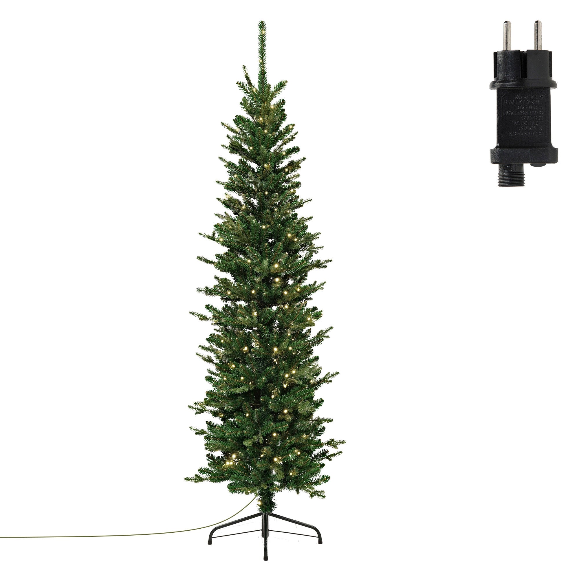 Műanyag karácsonyfa LED világítással és dugóval, 180 cm magas.