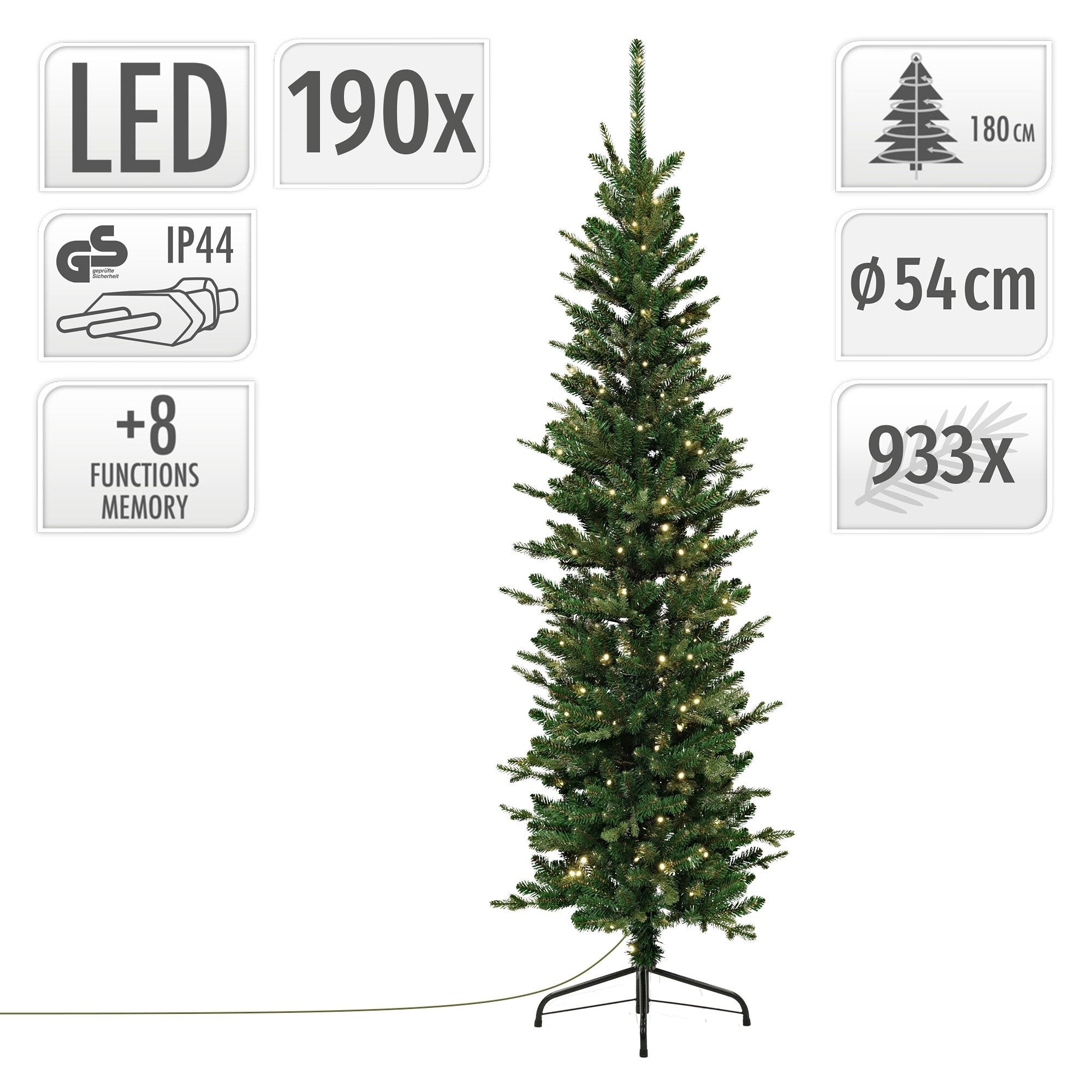Műfenyő LED világítással, magassága 180 cm, átmérője 54 cm.