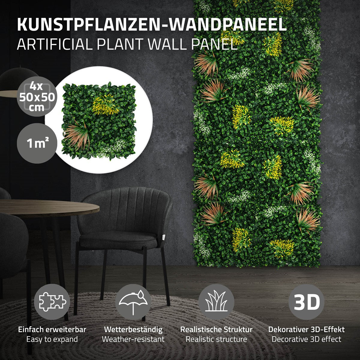 Kunstpflanzen-Wandpaneel mit verschiedenen grünen Pflanzen und dekorativem 3D-Effekt.