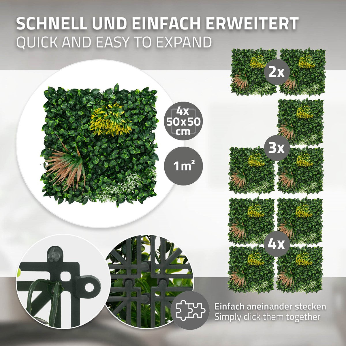 Grüne Wandverkleidung mit Pflanzen, die in Quadrate angeordnet sind.