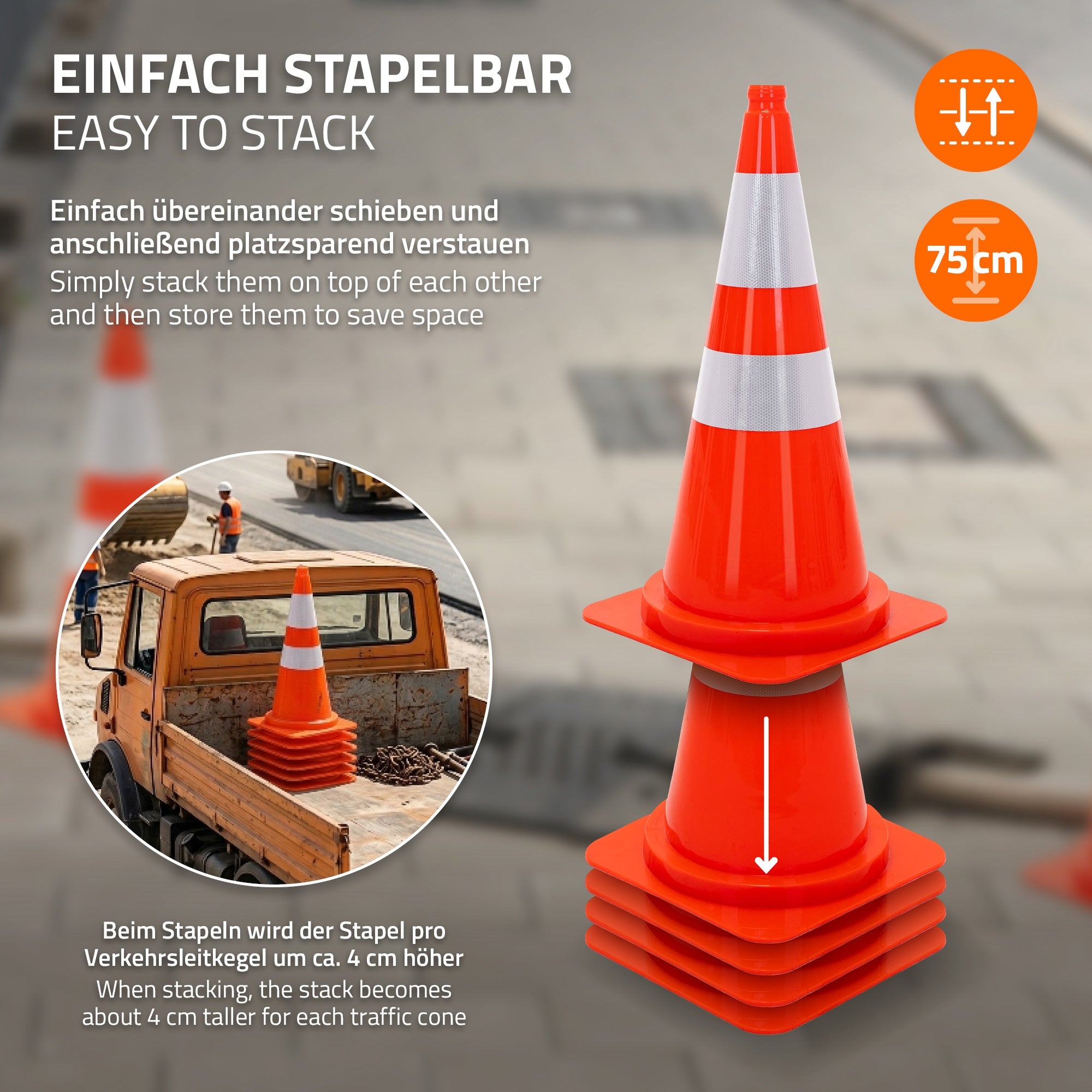 Stapelbare Verkehrsleitkegel in orange und weiß auf einem grauen Hintergrund.