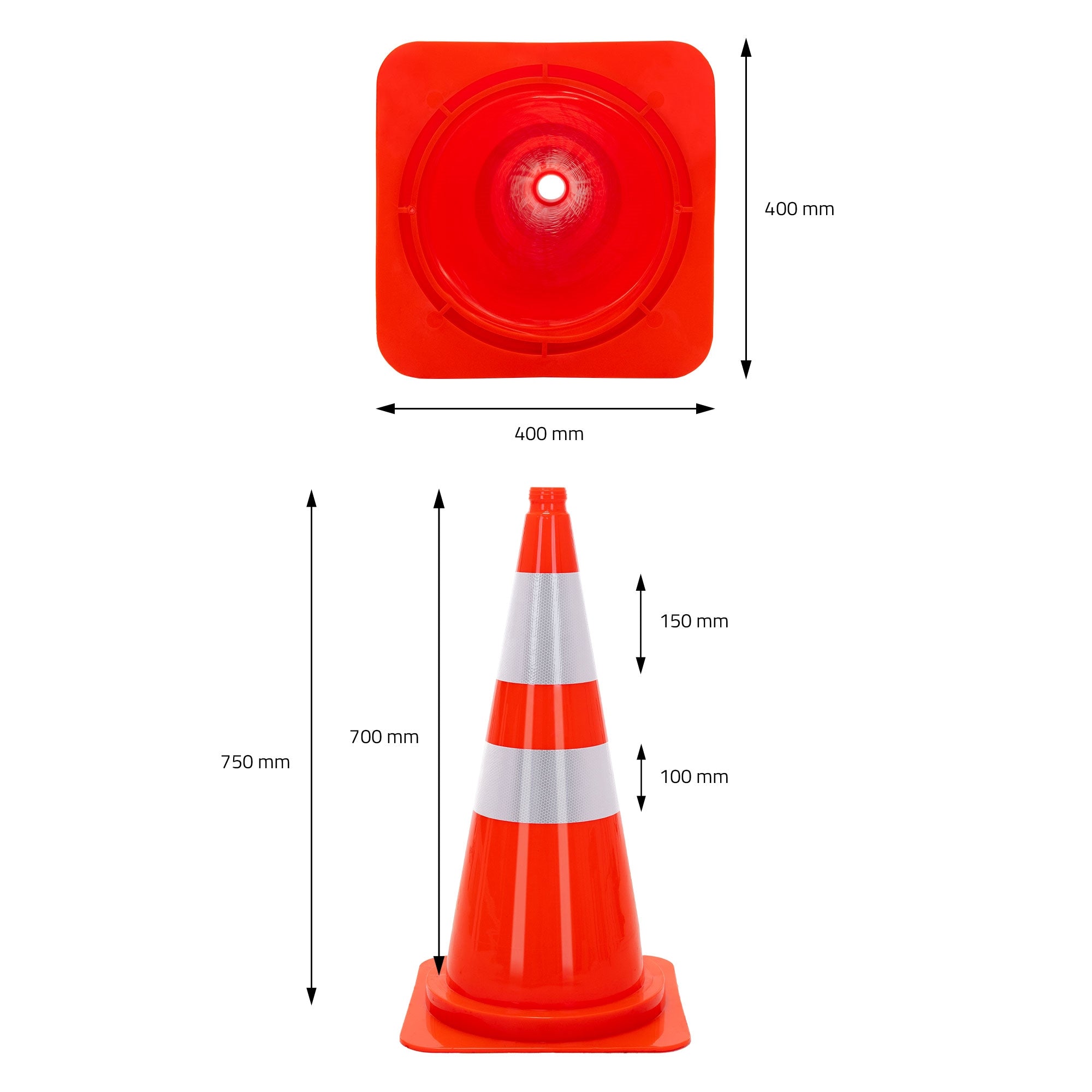 Roter Verkehrshütchen mit weißen Streifen, Maße: 750 mm hoch, 400 mm breit.