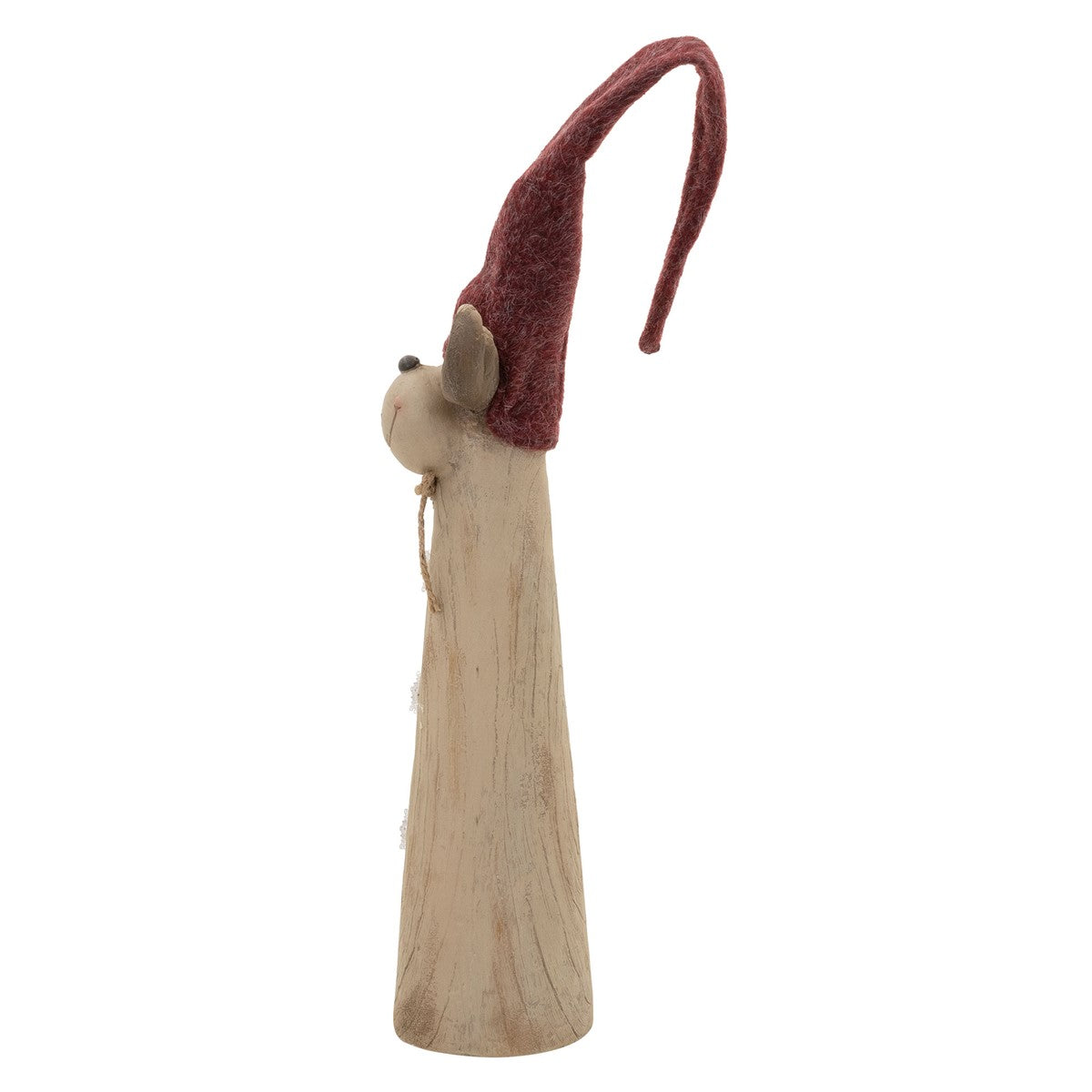 Seitenansicht der Rentierfigur mit rotem Hut, Holzoptik, Höhe 80-113 cm.