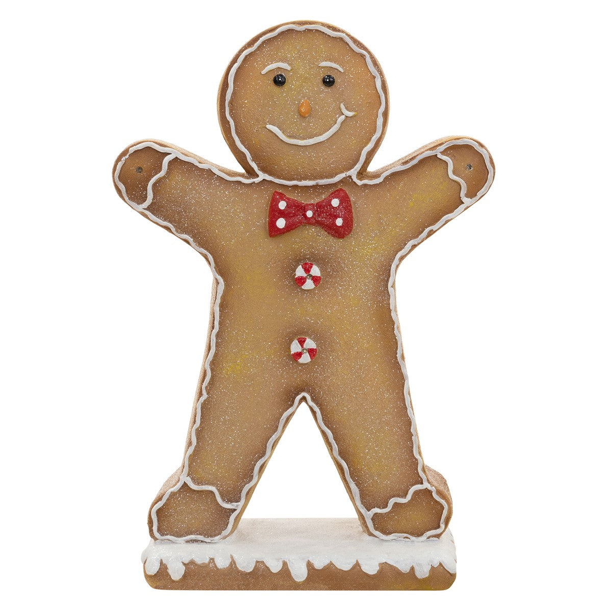 Vorderansicht eines Lebkuchenmanns mit roter Schleife und Zuckerstangen.