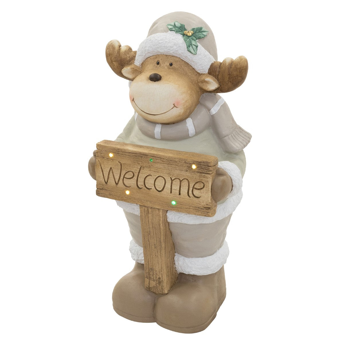 Ein Rentier mit einem Schild, auf dem 'Welcome' steht.