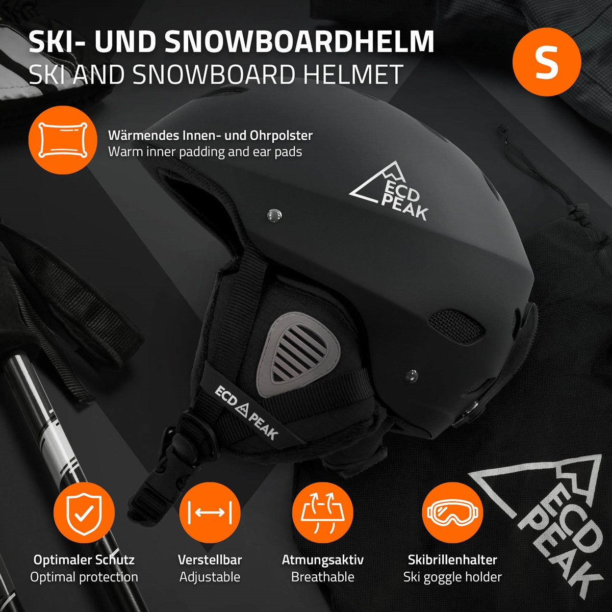 Schwarzer Ski- und Snowboardhelm mit Innenpolsterung und Ohrenschutz.
