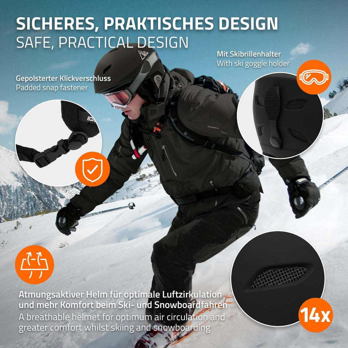 Skifahrer in schwarzer Ausrüstung fährt auf einer Piste.