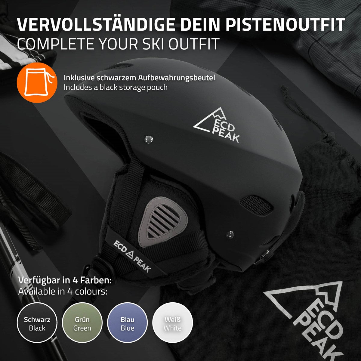 Schwarzer Skihelm mit Zubehör und Auflistung der verfügbaren Farben.
