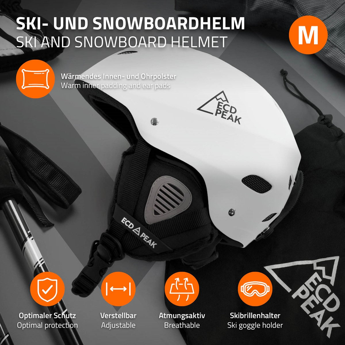 Schwarzer Ski- und Snowboardhelm mit Innenpolsterung und verstellbarem Riemen.