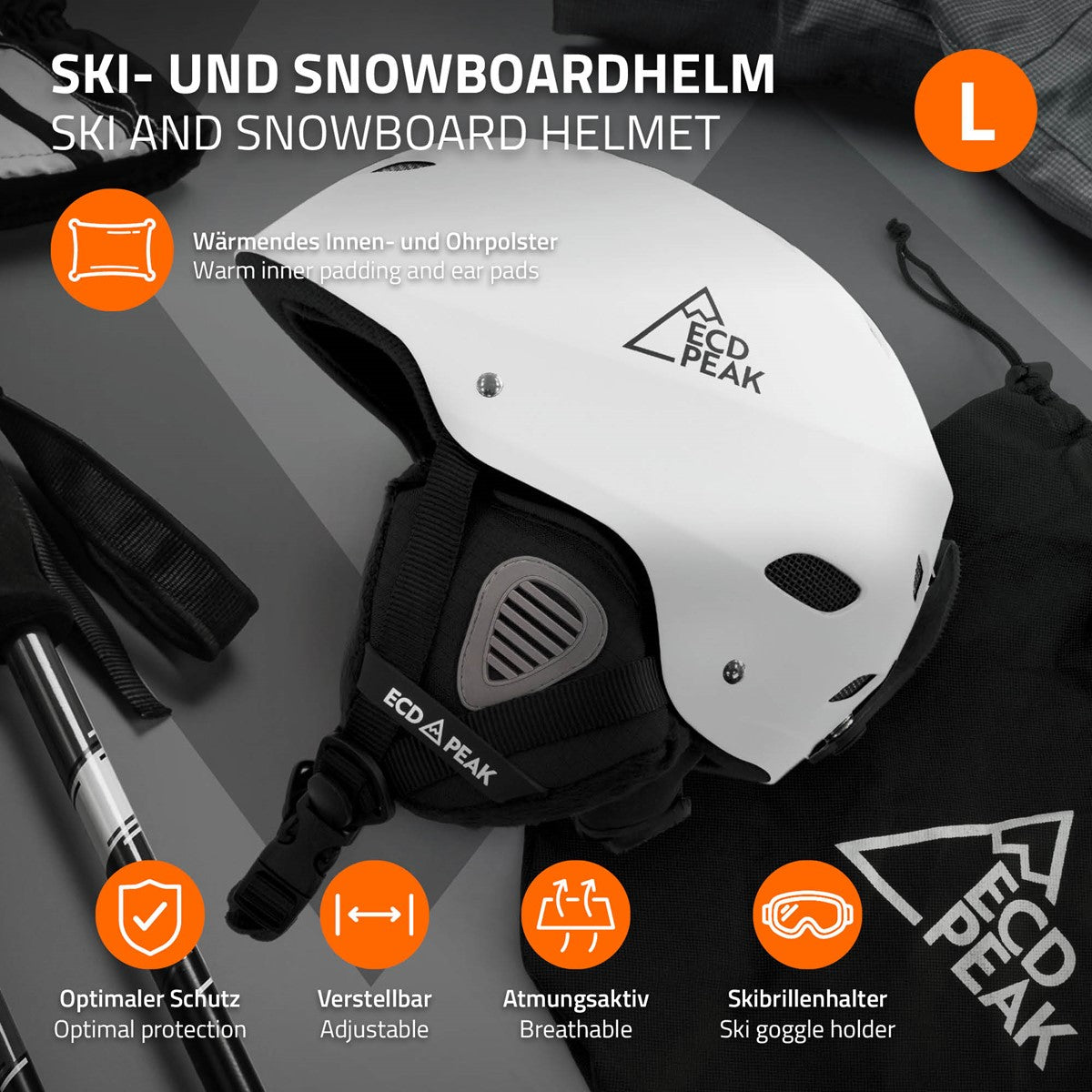 Weißer Ski- und Snowboardhelm mit Innenpolsterung und Ohrpolstern.
