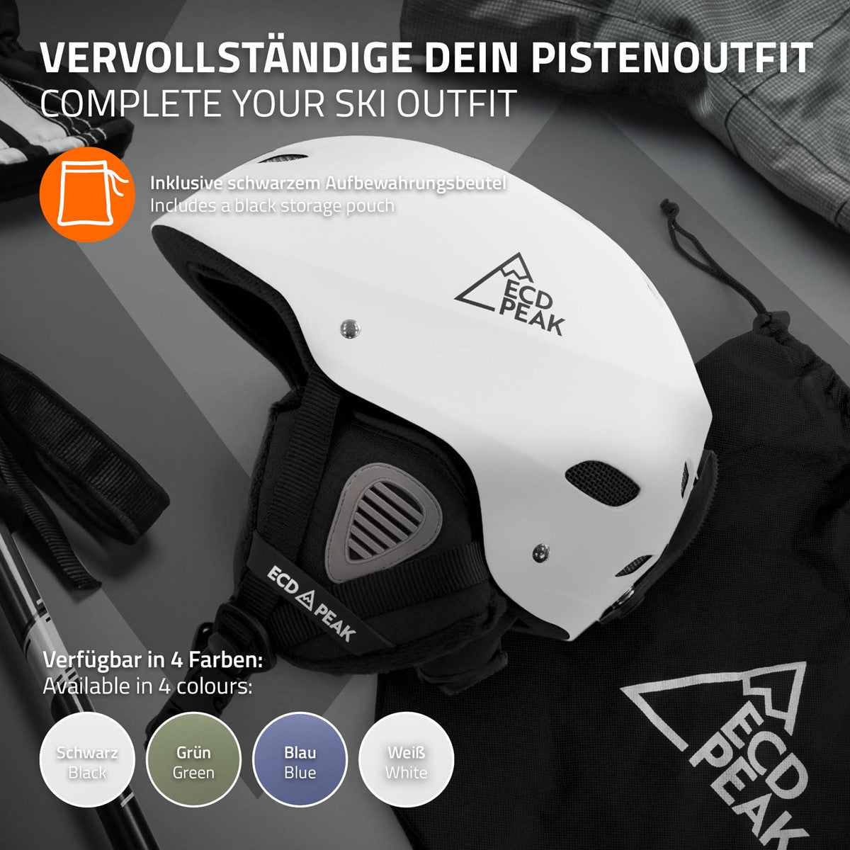 Grafik mit einem weißen Skihelm und Text über das Ski-Outfit.