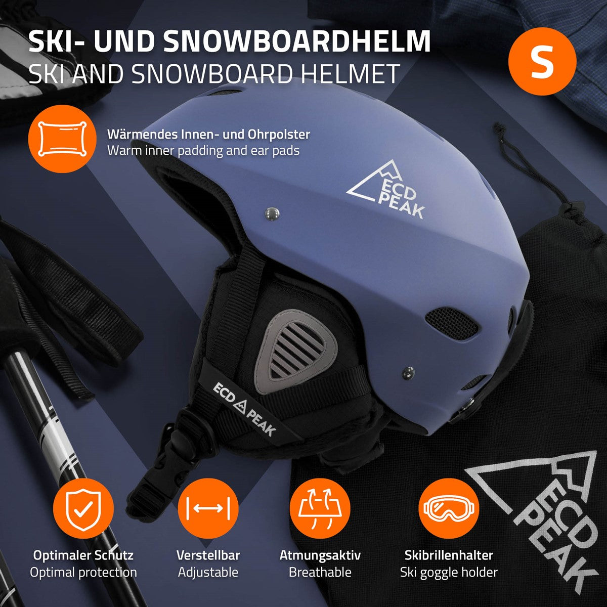 Kleinerer blauer Ski- und Snowboardhelm mit Innenpolsterung und Ohrpolstern.