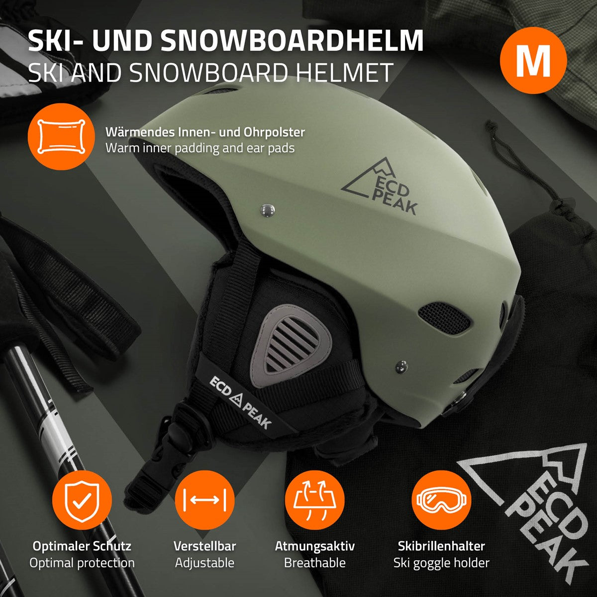 Grafik eines Ski- und Snowboardhelms mit Beschreibung der Eigenschaften und Materialien.