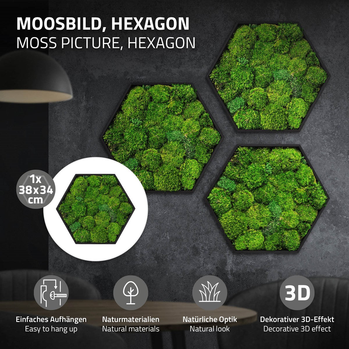Drei sechseckige Moosbilder hängen an einer dunklen Wand; Symbole weisen auf einfache Montage, Naturmaterialien, natürliche Optik und 3D-Effekt hin.