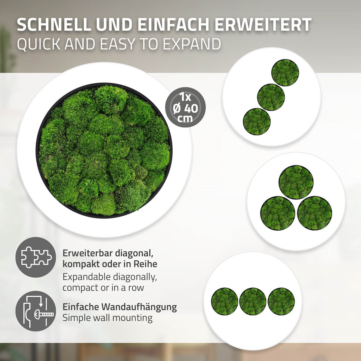 Rundes Moosbild mit Ø 40 cm, erweiterbar in Reihe oder diagonal; Beispiele zeigen Anordnungen aus zwei und drei Bildern.