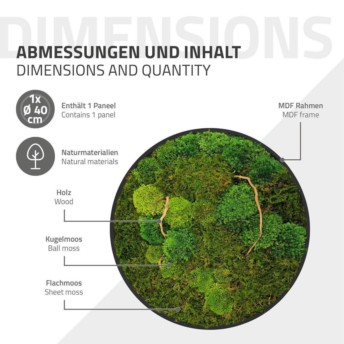 Infografik eines runden Moospanels mit MDF-Rahmen, Kugelmoos, Flachmoos und Holzelementen; Durchmesser 40 cm.