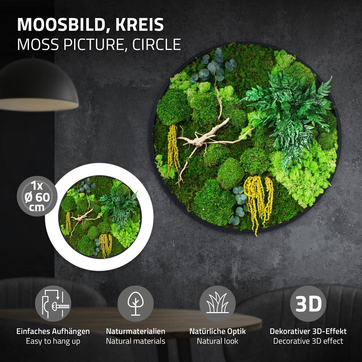 Rundes Moosbild mit verschiedenen Grüntönen, Pflanzen und Zweig an einer dunklen Wand; Durchmesser 60 cm.