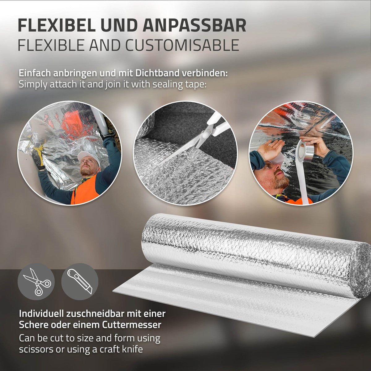Aluminiumfolie wird an einer Decke befestigt und mit Klebeband verbunden; eine Rolle Folie wird mit Schere oder Cutter zugeschnitten.