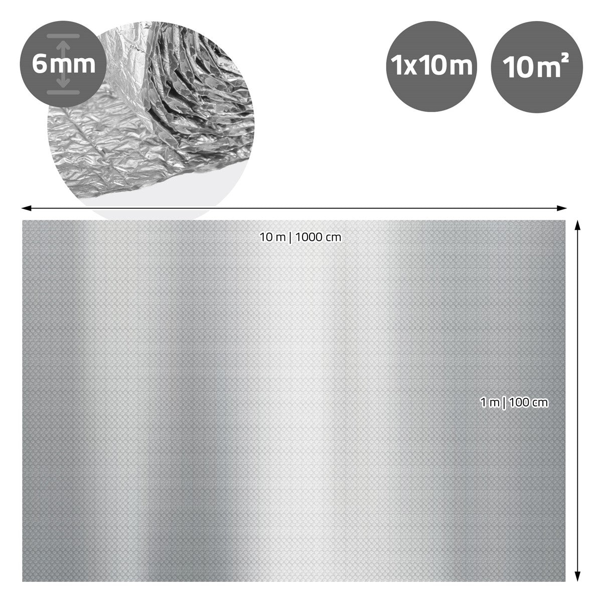 Silberne Isolierfolie mit Darstellung der Maße 1 × 10 m, 10 m² Fläche und 6 mm Stärke.