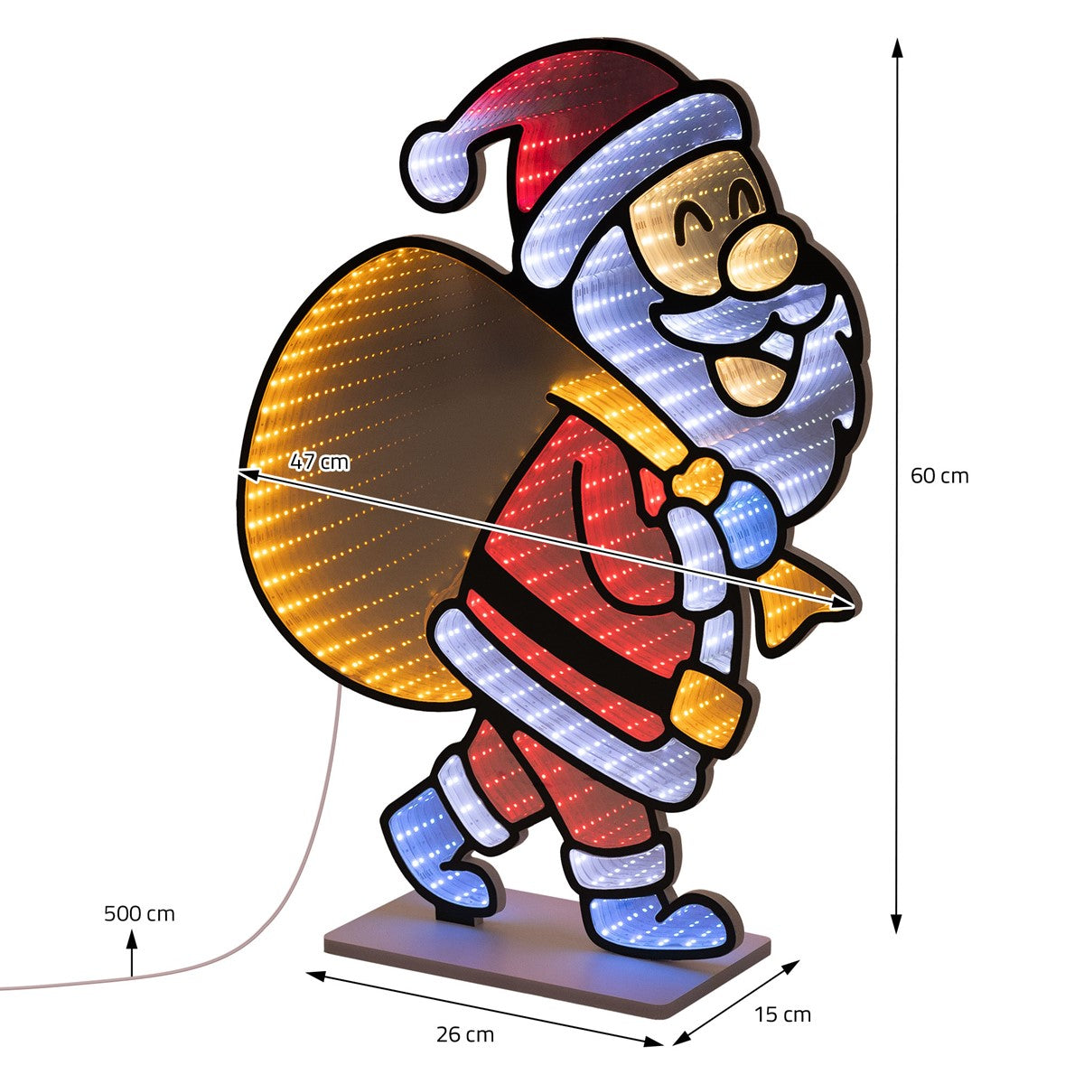 Leuchtende Weihnachtsmannfigur mit Sack, 60 cm hoch, 26 cm breit, 15 cm tief.