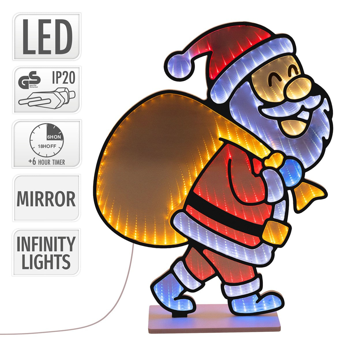 Detailansicht der Weihnachtsmannfigur mit LED-Beleuchtung und technischen Informationen.