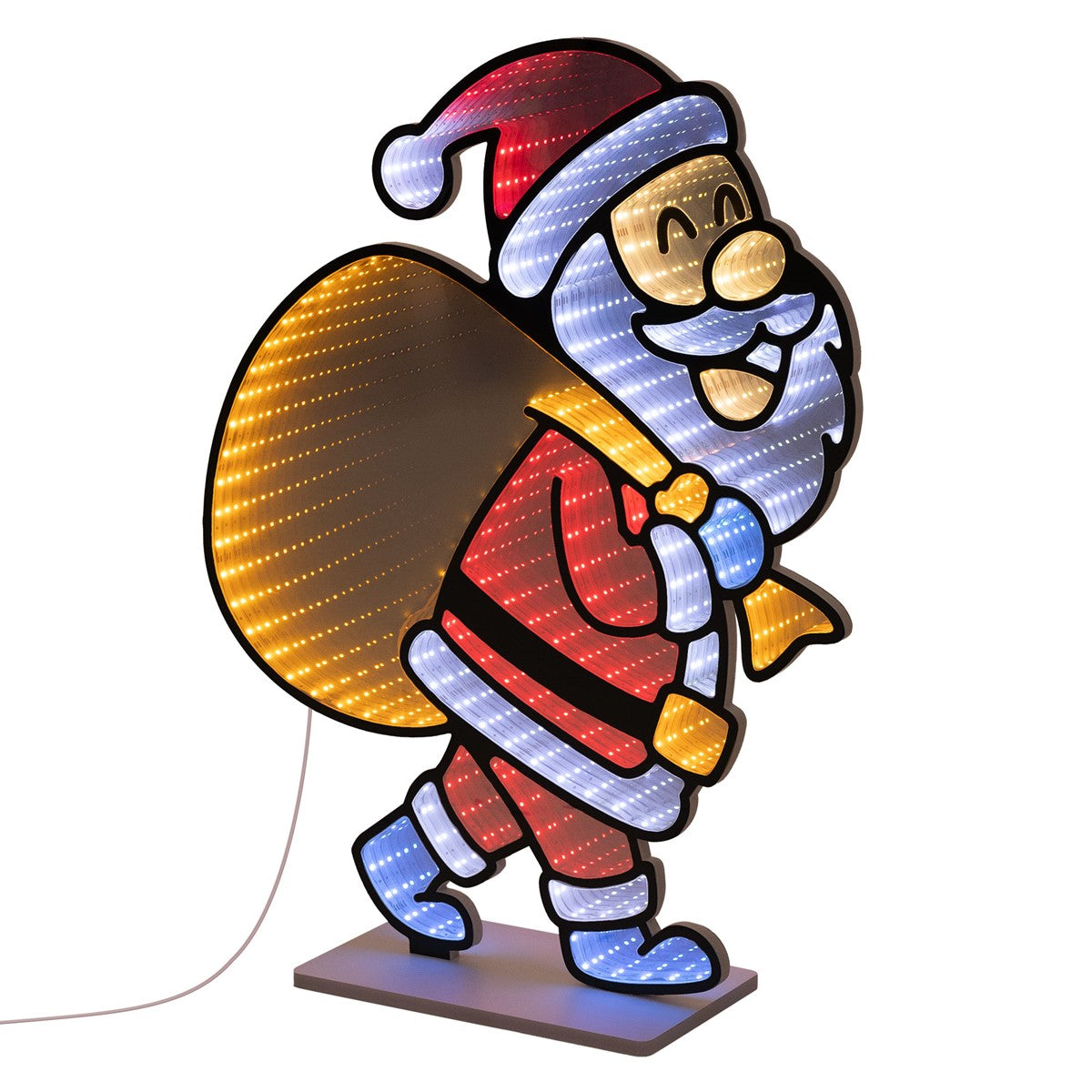 Ein leuchtender Weihnachtsmann mit Geschenksack, in bunten Farben.