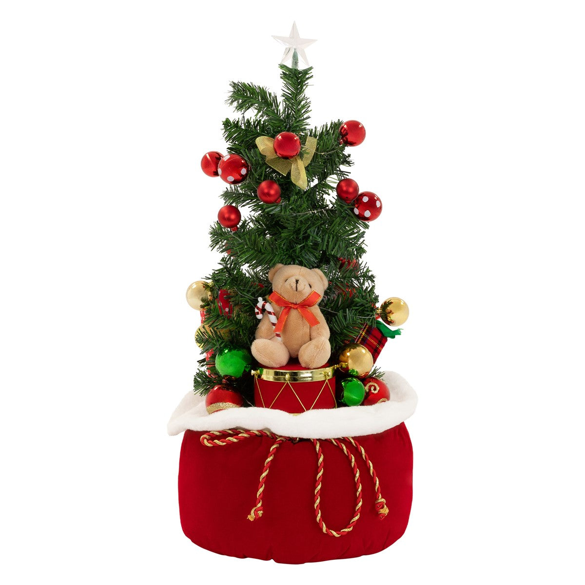 Kleiner Weihnachtsbaum mit Bär, roten und goldenen Kugeln, auf einem roten Sack.
