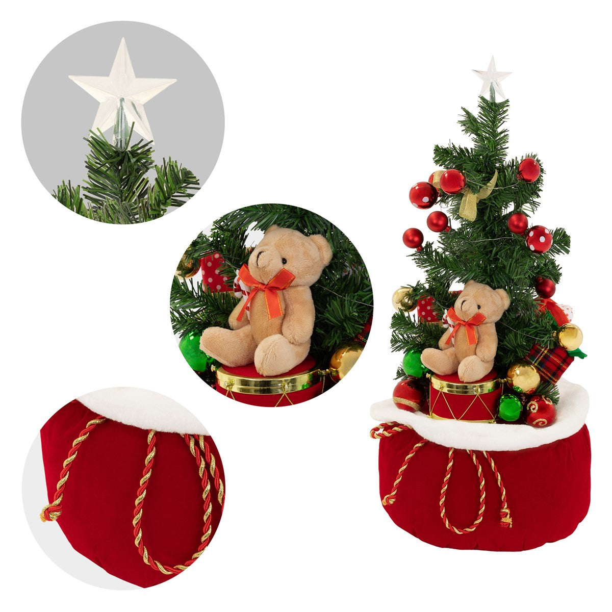 Detailansicht eines Weihnachtsbaums mit Bär, roten Kugeln und einem roten Sack.