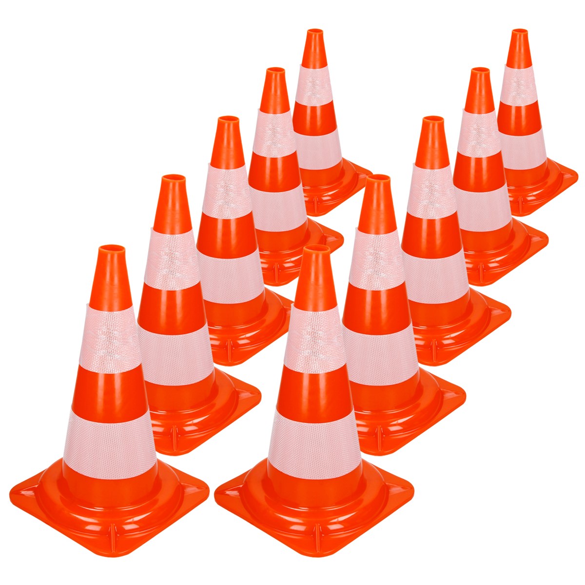 A row of ten orange traffic cones with white stripes.