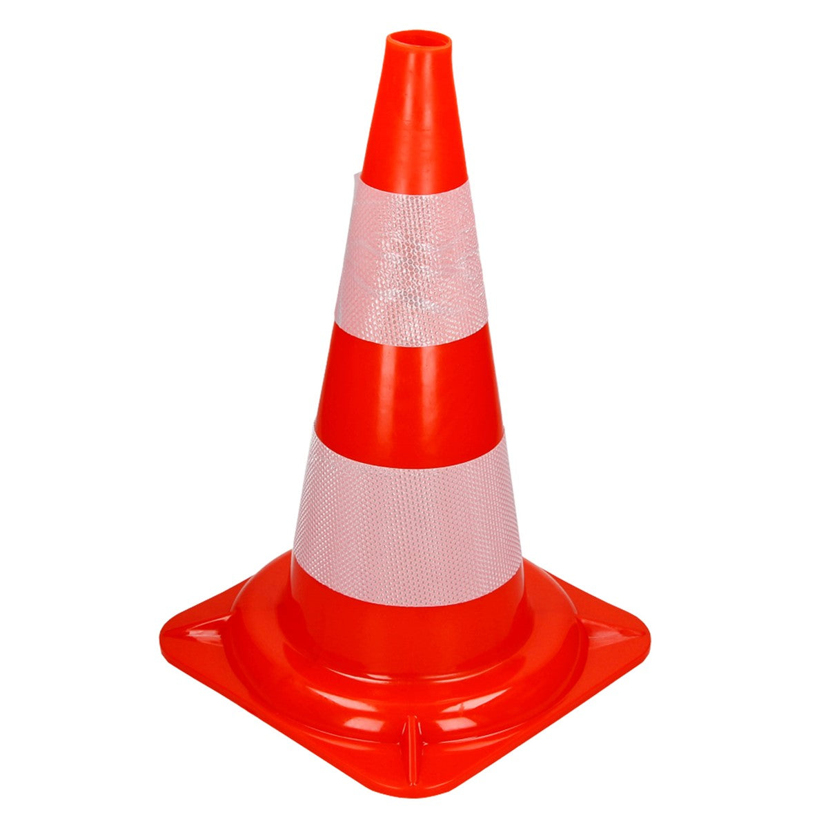 A single orange traffic cone with white stripes.