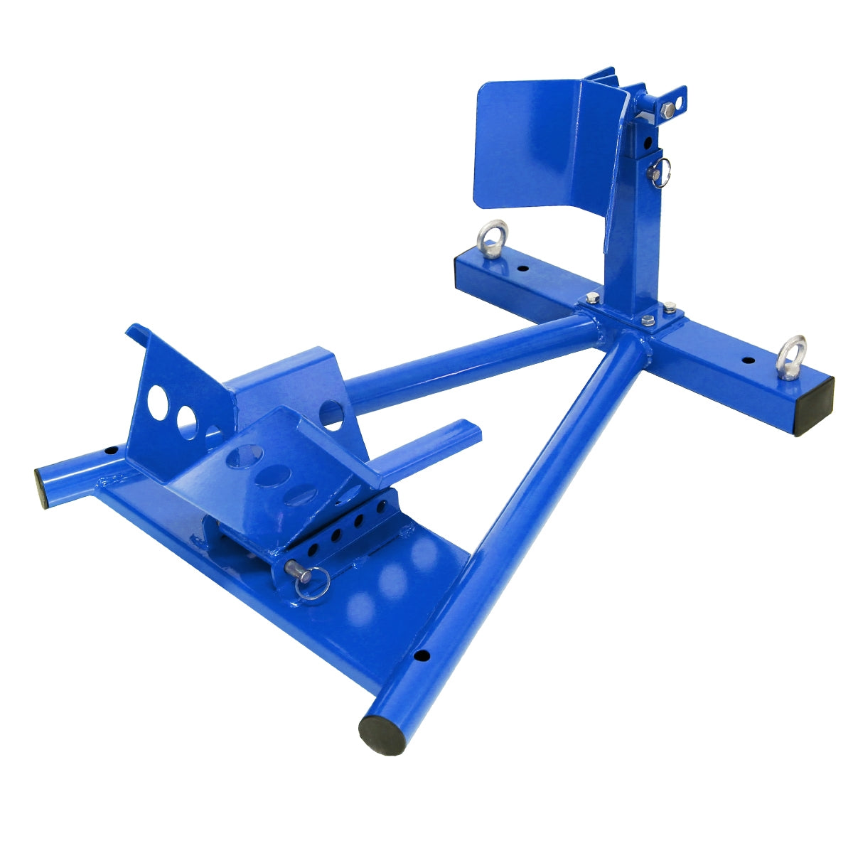 Blauer Halter mit mehreren Befestigungspunkten und einer seitlichen Abdeckung.